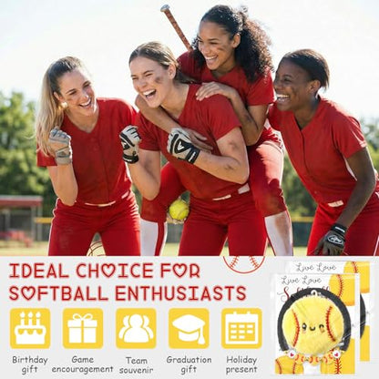 Equsion 24 Packs Softball Gift Bulk Mini Plush Softball Keychain Bead Bracelet with Inspirational Card for Ball Lovers Team Prize Anxiety Relief Sport Party Favors