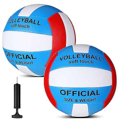 Lenwen 2 Pack Beach Volleyball Official Size 5 for Indoor Outdoor, Waterproof Soft Volleyball with Pump for Adult Beginner Beach Game Gym - color: Blue, Red, White