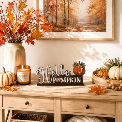 Smile Fall Thanksgiving Wooden Standing Decor, Hello Pumpkin Rustic Wood Tiered Tray Sign with Stand for Rustic Farmhouse Home Kitchen Shelf Mantel Decor - style: Letter Pumpkin