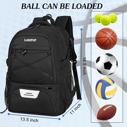 LARIPOP Basketball Backpack Large Basketball Bag with Ball Holder & Shoe Compartment for Youth Adults Men Women - color: Black