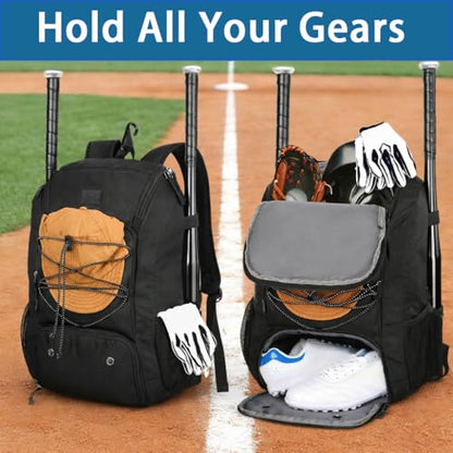 MATEIN Baseball Backpack, Softball Bat Bag with Shoes Compartment for Youth, Boys and Adult, Lightweight Baseball Bag with Fence Hook Hold TBall Bat, Batting Mitten, Helmet, Caps, Teeball Gear - color: Black, size: 29L