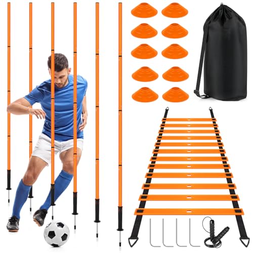 Soccer Agility Training Equipment: 6 Soccer Agility Poles, 20ft Agility Ladder, 10 Soccer Cones, 1 Jump Rope. Soccer Training Poles for Speed Training, Agility Training - color: orange