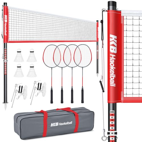 Haokelball Outdoor Badminton Net Set with Anti-Sag Winch System - 20ft Badminton Net, 4 Rackets, 4 Shuttlecocks & Carry Bag, Badminton Set for Backyard, Grass, Beach, Holiday Games - color: B-Red