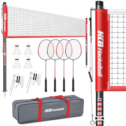 Haokelball Outdoor Badminton Net Set with Anti-Sag Winch System - 20ft Badminton Net, 4 Rackets, 4 Shuttlecocks & Carry Bag, Badminton Set for Backyard, Grass, Beach, Holiday Games - color: B-Red