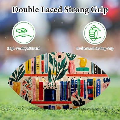 American Football, Official Size 11.9 x 7.3 Inch, Premium Composite Leather High-Grip Ball with Pro-Style Lacing, Unique Prints for Training, Games & Gifts - color: Bookshelves