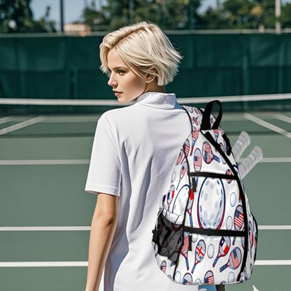Print Pickleball Backpack White Sports Rackets | Padded 6-Paddle Compartment & Separate Shoe Bag | Multi-Pocket Sports & Gym Backpack for Tennis, Travel, Commute