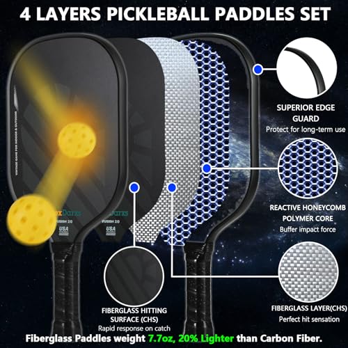 Pickleball Paddles Set of 2, USAPA Approved Lightweight Fiberglass Pickleball Paddles,Pickleball Indoor Outdoor Game for Adults Family Friends, Pickleball Gift for Men Women