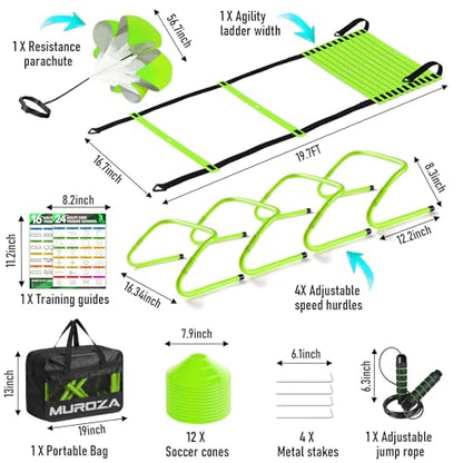 MUROZA Agility Ladder, Agility Speed Training Equipment Set, 20ft Speed Ladder, 12 Soccer Cones, 4 Hurdles, Jump Rope, Running Parachute, Soccer Football Basketball Training Equipment Accessories - color: Green