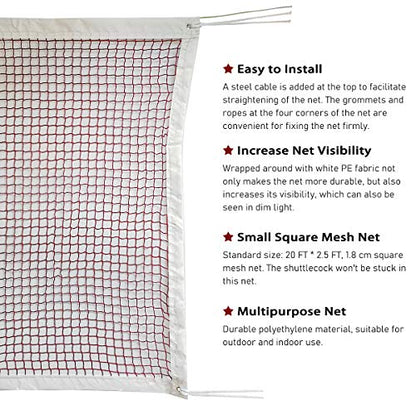 Outdoor Indoor Badminton Net Replacement with Steel Cable Ropes for Backyard Beach Garden Schoolyard (20 FT x 2.5 FT)