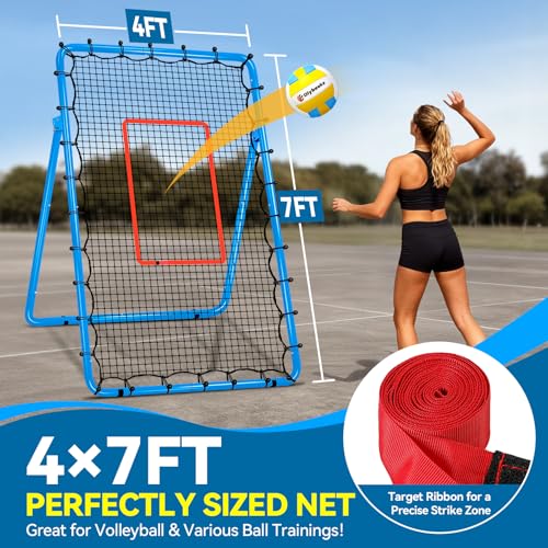 6-Angle Adjustable Volleyball Rebounder Net 7x4ft, High Stable Bounce Back Training Equipment for Practicing Volleying Bumping Spiking with High-Tension Net, PU Volleyball and Pump, Stakes - color: Blue