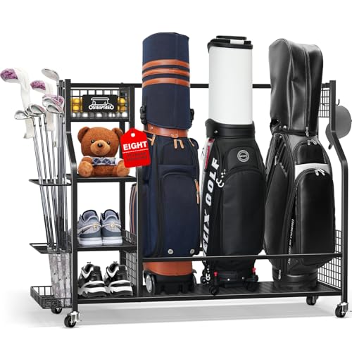 Golf Bag Storage Garage Organizer, Golf Bag Storage Stand and Other Golfing Equipment Accessories Rack, Golf Bag Storage Rack with Wheels, Golf Organizer for Home, Garage, Club, Shed, Basement - color: 3 Golf Bag Rack