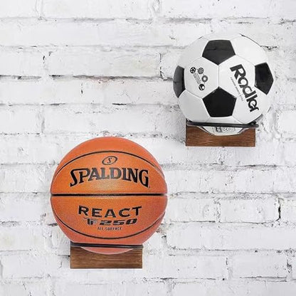 Wall Mount Basketball Holder with Wooden Base, Adjustable Metal Sport Rack for Football Basketball Soccer Rugby Display Rack