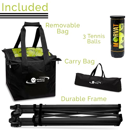 MORVAT Professional Tennis & Pickle Ball Hopper Holds 165 Balls Heavy-Duty Pro Sports Practice Cart, Foldable Portable Compact & Lightweight Zippered Pocket & Racket Holder, Carry Bag + 3 Tennis Balls - style: Hopper Bag With Cart