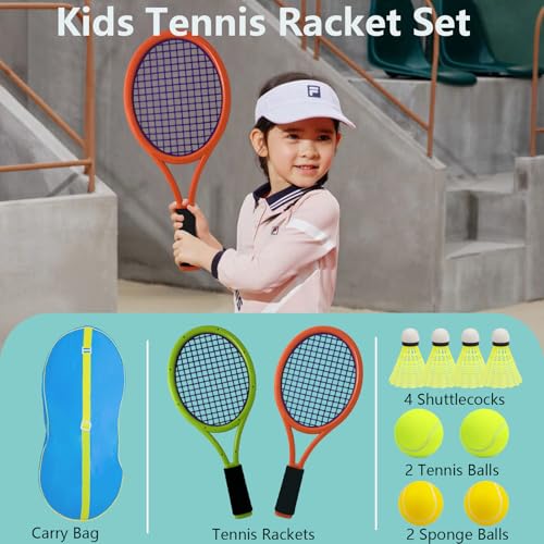 Kids Tennis Racket 17 Inch Lightweight for Junior Toddlers - Includes 2 Tennis Balls, 2 Sponge Balls, 4 Shuttlecocks & Carry Bag - color: Dark Orange & Green