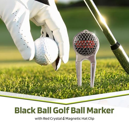 Golf Ball Marker Fits on Hat Clip - Premium Quality Metal Ball Marker with Red & Black Crystal Golf Ball Markers for Hat Divot Tool - Unique Golf Gift Accessory - Value Gift Set for Golfers