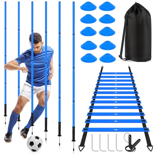 Soccer Agility Training Equipment: 6 Soccer Agility Poles, 20ft Agility Ladder, 10 Soccer Cones, 1 Jump Rope. Soccer Training Poles for Speed Training, Agility Training - color: blue