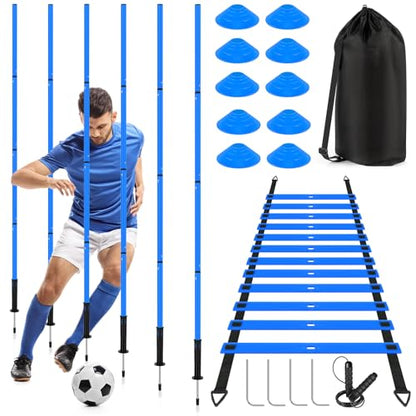 Soccer Agility Training Equipment: 6 Soccer Agility Poles, 20ft Agility Ladder, 10 Soccer Cones, 1 Jump Rope. Soccer Training Poles for Speed Training, Agility Training - color: blue