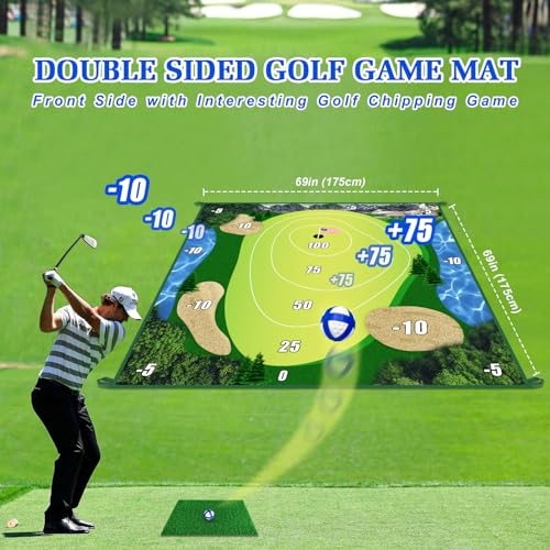 Golf Chipping Game with Hitting Mat, 70"x70" Double Sided Golf Practice Mat Kits with 20 Sticky Balls, Indoor Outdoor Golf Training Accessories for Adult Family Yard Game (No Club)