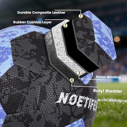 Soccer Ball Size 5 for Youth & Adults, Black Blue PU Leather, Durable Machine-Stitched 32-Panel Football, Hidden Seams, Water-Resistant, Outdoor & Indoor Training Ball