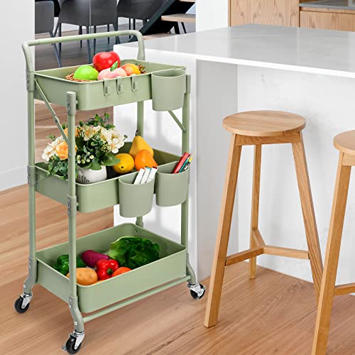 Foldable 3 Tier Rolling Cart, Metal Utility Cart, Folding Mobile Multi-Function Storage Trolley Organizer Cart for Home Library Office(Green) - color: Green