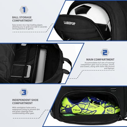 LARIPOP Soccer Backpack with Ball Holder & Shoe Compartment Large Capacity Youth Sports Bag for Training - color: black