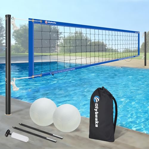 Inground Pool Volleyball Net Set with Max 26 FT Adjustable Length, 3 Heights Adjustable Outdoor Volleyball Set for Pool with 2 Volleyballs and Carry Bag - color: Blue
