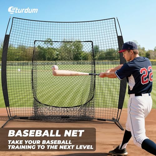 7 x 7 ft Baseball Net, Baseball Softball Batting Net for Practice Hitting Pitching Fielding, Quick Setup, Portable, with Carry Bag, 4 Ground Stakes - color: Black