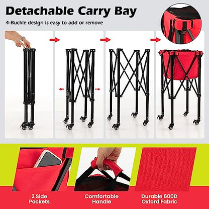 Tennis Ball Hopper Cart with Wheels, Portable Tennis Ball Basket Holds 150 Balls, Collapsible Aluminum Tennis Basket for Balls Pickup, Pro Sports Teaching Cart for Tennis Pickleball Baseball
