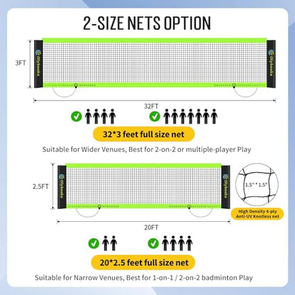 Portable Volleyball & Badminton Combo Net Set for Backyard Beach with 2 Nets (20ft and 32ft), Adjustable Poles, PU Volleyball, Aluminum Rackets and Carry Bag, Quick Setup & Durable