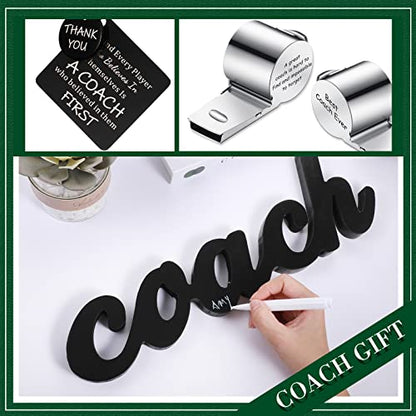 Sratte 5 Pcs Thank You Gift for Coach Include Black Wood Word Sign, Whistles for Coach, Football Basketball Soccer Gifts - size: 11x3.5x0.59 Inch