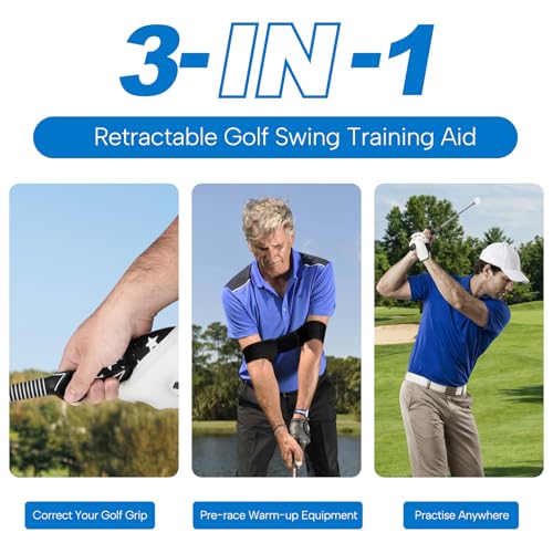 5-in-1 Retractable Golf Swing Trainer – Right/Left-Handed Golf Training Aid with Arm Band Swing Mechanics for Beginners & Tempo Training for Advanced, Click Feedback, Arm Connection