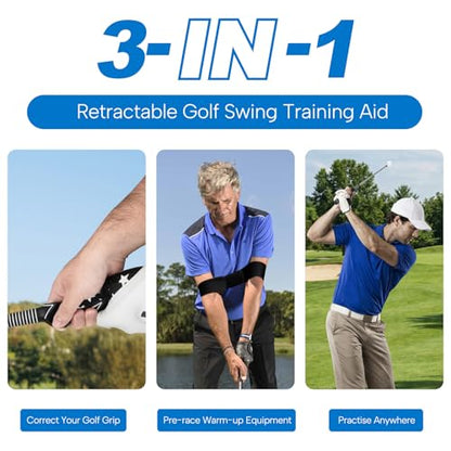 5-in-1 Retractable Golf Swing Trainer – Right/Left-Handed Golf Training Aid with Arm Band Swing Mechanics for Beginners & Tempo Training for Advanced, Click Feedback, Arm Connection