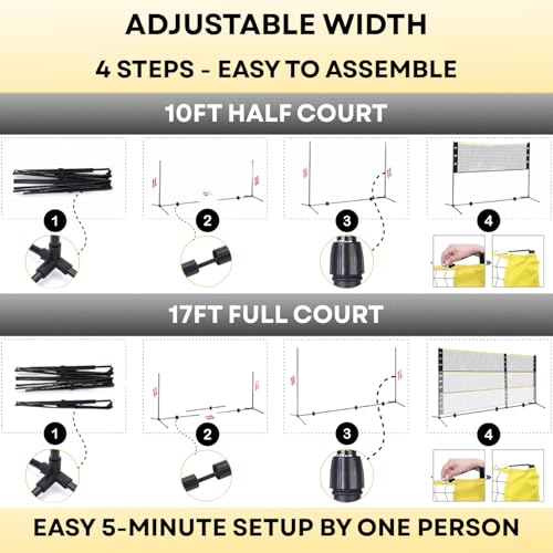 Complete Badminton Sets (10FT/17FT) Adjustable Width, Adjustable Height (2.8/5.1/7.4FT), Badminton Pickleball Volleyball Set with Net, 4Racket+4Paddels+Volleyball for Outdoor Family Game.