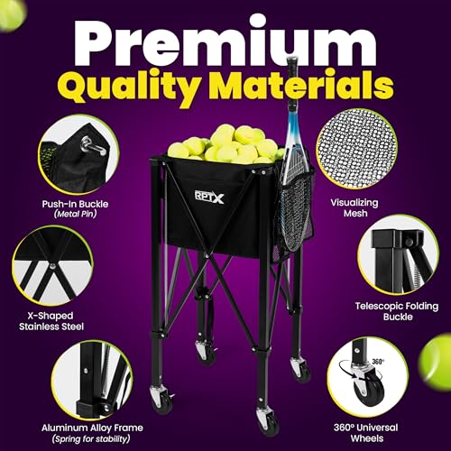 Tennis Ball Cart | Pickleball Ball Hopper | 150 Ball Capacity | Multiple Storage Pockets | Carrying Bag | Sturdy Pickleball Cart with Wheels | Ball Caddy for Practice & Training