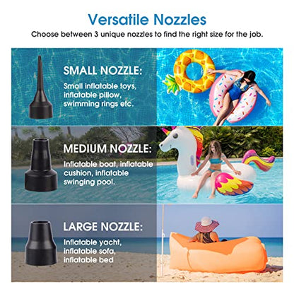 Electric Air Pump for Mattress, Battery Powered Portable Airbed Camping inflatables Paddling Pool Beach Toys, Inflate Deflate air Pumps with 3 Nozzles Quick-Fill Pump/Blow up