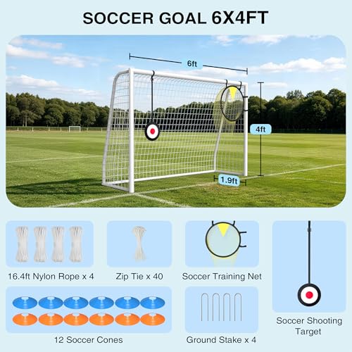 6×4FT Soccer Goal for Backyard,Sturdy Metal Frame Soccer Goal with Target Net, Shooting Target & 12 Training Cones,Outdoor Full Size Soccer Goals Training Equipment for Kids Teens Adults - size: 6FTx4FT
