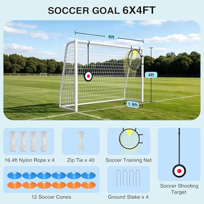 6×4FT Soccer Goal for Backyard,Sturdy Metal Frame Soccer Goal with Target Net, Shooting Target & 12 Training Cones,Outdoor Full Size Soccer Goals Training Equipment for Kids Teens Adults - size: 6FTx4FT