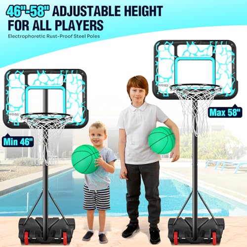 Pool Basketball Hoop 7-Height Adjustable Swimming Pool Basketball - Water Basketball Goals System with PC Shatterproof Backboard & 2 Balls, Outdoor Pool Accessories, Portable Basketball Hoop with LED