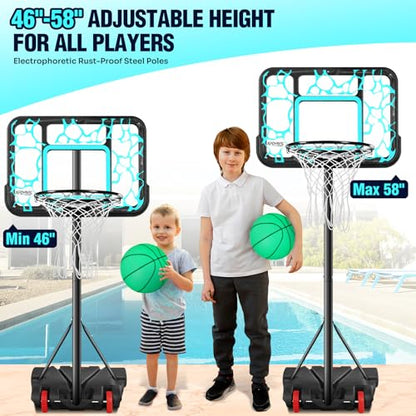 Pool Basketball Hoop 7-Height Adjustable Swimming Pool Basketball - Water Basketball Goals System with PC Shatterproof Backboard & 2 Balls, Outdoor Pool Accessories, Portable Basketball Hoop with LED