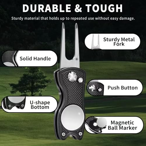 Golf Divot Repair Tool - Foldable Golf Repair Kit with Sturdy Handle & Magnetic Pop-up Button Ball Marker - color: black