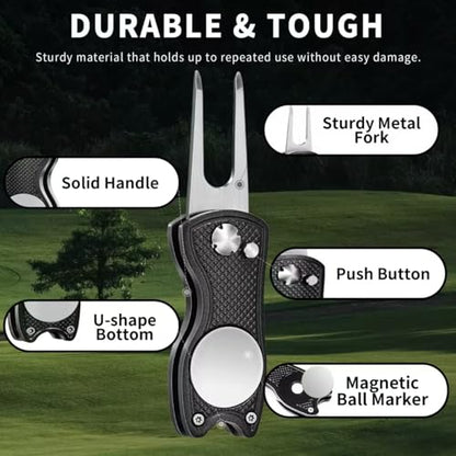 Golf Divot Repair Tool - Foldable Golf Repair Kit with Sturdy Handle & Magnetic Pop-up Button Ball Marker - color: black