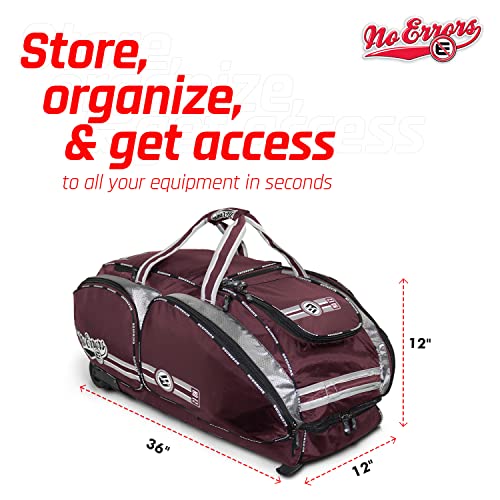 No Errors NO E2 Wheeled Catchers Gear Bag - Large Baseball and Softball Bag for Catcher’s Equipment with Fatboy Wheels - color: Maroon