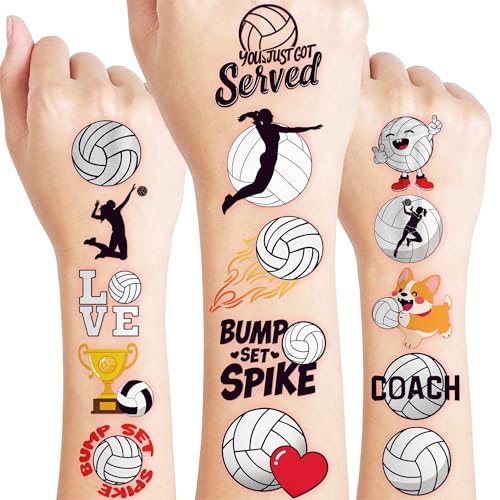 96 PCS Volleyball Sports Pre-Cut Temporary Tattoos for Kids | Super Cute Volleyball Themed Birthday Party Favors, Supplies, Decorations, Fake Tattoo Stickers (Multiple)