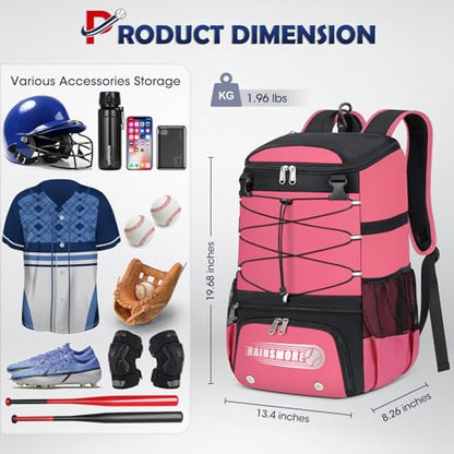 RAINSMORE Baseball Bag for Youth & Adult Lightweight Softball Bat Bag with Shoe Compartment, External Helmet Holder and Fence Hook Waterproof Baseball Backpack Hold T-Ball, Bat and Softball Equipment