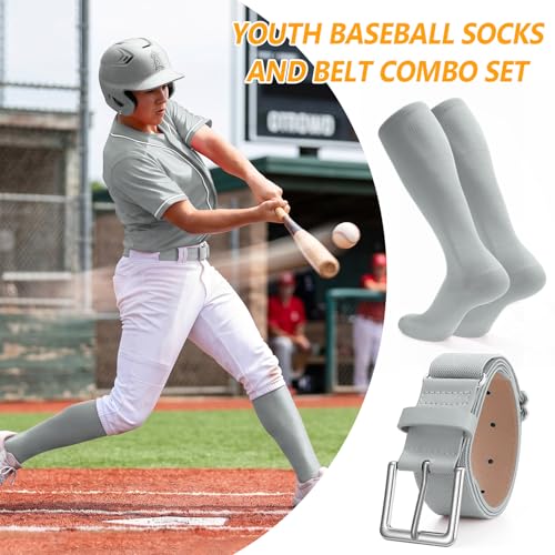 XZQTIVE Baseball Softball Socks and Baseball Softball Belt Combo Set Knee-High Soccer Socks for Kids Youth Adult - color: Gray, size: Youth