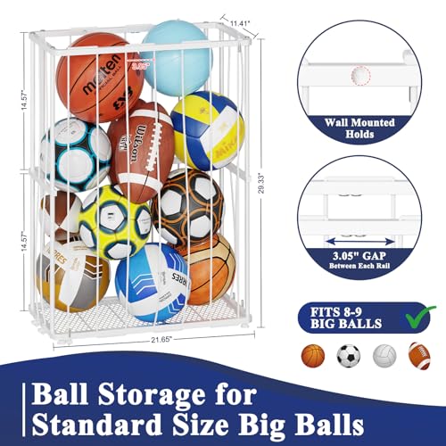 Garage Ball Storage, Wall-Mounted & Floor Ball Holder with Elastic Rope, Sports Equipment Organize Ball Rack for Basketball, Soccer, Volleyball, Football, Garage, Gym, White