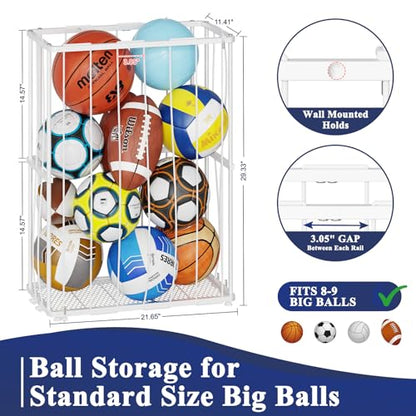 Garage Ball Storage, Wall-Mounted & Floor Ball Holder with Elastic Rope, Sports Equipment Organize Ball Rack for Basketball, Soccer, Volleyball, Football, Garage, Gym, White