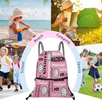 Custom Volleyball Style Drawstring Bag, Personalized Sports Ball Backpack Drawstring Sack Cinch Bags for Team Gift Party Favors, Light Pink - color: Deep Red
