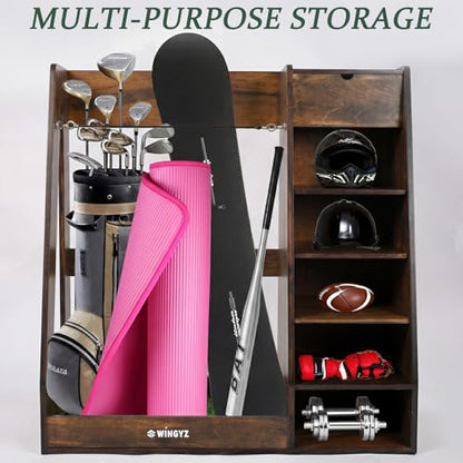 WINGYZ Premium Birch Plywood Golf Bag Storage for 2 Bags | 36lb Rock-Solid Golf Bag Organizer | 7-Shelf Command Center | Artificial Turf 12-Ball Display | No Wall Mounting Required (Brown) - color: Brown