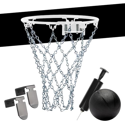 Mini Basketball Set, 9-Inch White Rim with Chain Net, Door Hooks, Ball and Pump - color: Silver